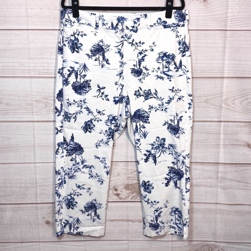 Lane Bryant Cropped Pants Womens 18 White Blue Toile Floral Ankle Trousers